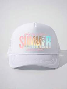 1pc Y2K Printed "SUMMER" Drawstring Sponge Mesh Baseball Cap, Breathable Adjustable Golf Sun Hat, Fashionable Curved Brim Sun Hat For Women And Men, Couple Y2K Sun Visor