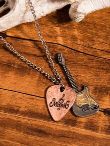 1pc Vintage Guitar Pick & Guitar Pendant Necklace, Simple Cross Versatile Necklace Jewelry - Multicolor - View 1