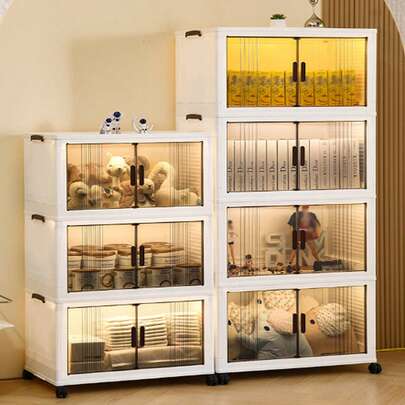 1个带轮子和盖子的大型便携式储物箱 - 多层塑料可折叠可堆叠收纳柜，适用于衣柜、客厅、办公室、车库等收纳柜。易于组装，移动储物单元 | 透明门 | 磁扣，收纳整理器，家居装饰