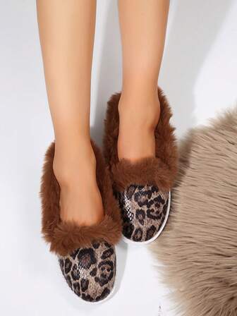 女士时尚保暖柔软毛绒衬里拖鞋，舒适毛皮鞋垫，室内/室外穿着，柔软蛇皮图案休闲运动鞋