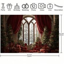 1 festliche Weihnachtsszenen Kulisse mit großen Bogenfenstern, Vorhängen, geschmücktem Weihnachtsbaum und Geschenken, geeignet für Weihnachten, Neujahrsfeiern, Urlaubsgeschenke, Hochzeiten, Geburtstage, Jahrestage, Familienfeiern, Themenpartys, Schlafzimmer, Wohnzimmer, Terrasse und Outdoor-Dekorationen, Studioprops, Eventdekorationen