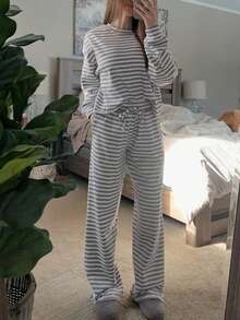 2-Pack Women's Autumn Striped Pajama Set Loose Round Neck Top Elastic Waist Pants Can Be Worn As Outerwear Home Clothes Set Drop Shoulder Sleeve Fashionable Temperament Y2K - 灰色 - 查看 3