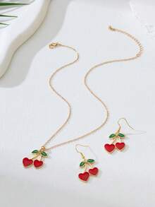 قرطان من الكرز والفراولة + قلادة واحدة، طقم مجوهرات جميل وأنيق من سبائك الكرز والفراولة، مناسب للاستخدام اليومي للنساء