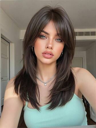 18英寸深棕色直发假发，带刘海，女士适用 - 100%长纤维合成纤维，玫瑰网帽，可塑形，耐热纤维，适合所有头型，精美礼品