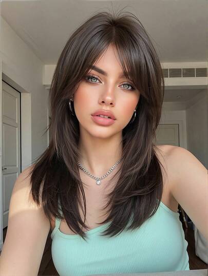 18英寸深棕色直发假发，带刘海，女士适用 - 100%长纤维合成纤维，玫瑰网帽，可塑形，耐热纤维，适合所有头型，精美礼品