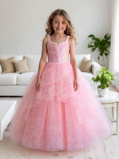 Young Girls' Sequin Patchwork Multi-Layer Tulle Design Party Dress, Suitable For Outings, Gatherings With Friends, And Other Major Events