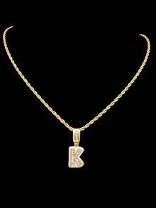 1 件立方氧化锆字母吊坠和 1 件不锈钢扭链，26 个英文字母男女通用流行时尚经典嘻哈复古吊坠项链，适合日常佩戴或派对，情人节礼物 - 金黃色 - 查看 20