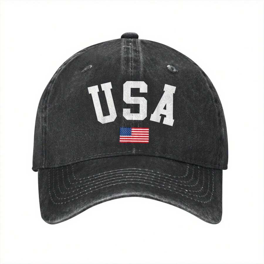 Men's Patriotic USA Baseball Cap With American Flag & Distressed USA Lettering - 4th Of July, Independence Day, Casual Hat For Men, Stars & Stripes Design - 黑色 - 查看 1
