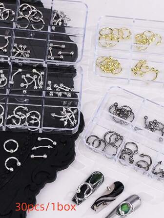 30Pcs/Set Punk Style Metal Rivet Nail Piercing Decor Rings, Nail Accessories Suit, Nail Jewelry For Summer, Y2K Nail Rhinestone Diy, Gold, Silver, White, Black Nail Supplies Nails Nail Charms Nail Gems