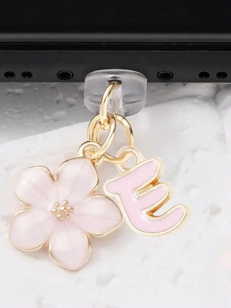 1 件时尚粉色花卉字母手机防尘塞，精致 A-Z 字母金属挂件，适合作为女性生日礼物，兼容 Lightning（5-14）/ Type-C 接口 - 粉色 - 查看 2