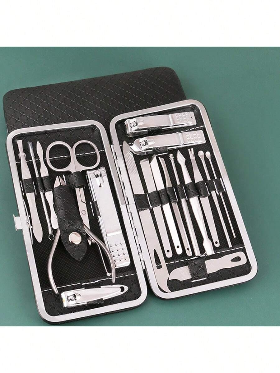 Juego de manicura y pedicura de 19 piezas, kit de cuidado de uñas profesional para manos y pies con cortaúñas, alicates de cutículas, tijeras para uñas y lima de acero inoxidable, con estuche de viaje. Herramientas de cuidado de uñas para hombres y mujeres - Negro - Ver 1