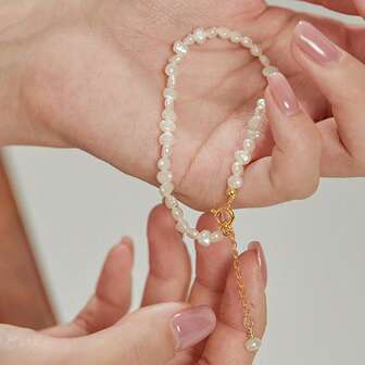 1pc 5-6mm White Freshwater Baroque Pearl Bracelet, Natural Pearl Beaded S925 Silver Chain, Elegant & Versatile