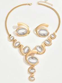 2 Stücke Schmuckset für Frauen - 1 Stück Y-förmige Halskette mit Farbverlauf ovaler Kunstperlen Schnecken Design, 1 Paar Schnecken Kunstperlen Ohrstecker, klassisch elegant vielseitig für den täglichen Gebrauch und Partys