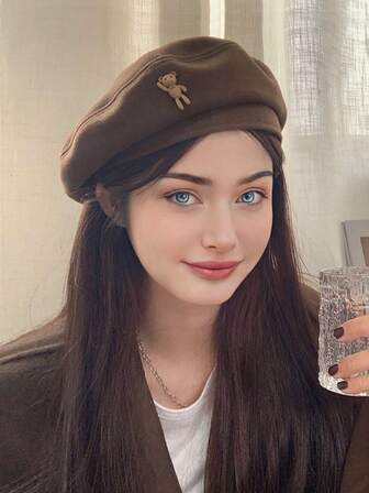 1pc Women's Vintage Bear Beret Hat, Wool Painter Cap, Fashionable Beret Suitable For Everyday Wear, Autumn/Winter