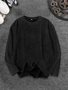 Men's Casual Washed Round Neck Long Sleeve T-Shirt, Spring/Autumn, For Fall