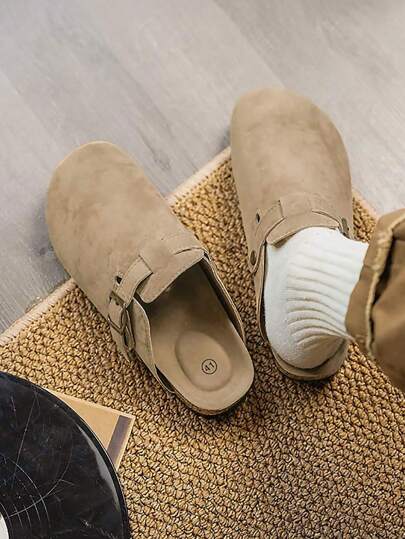 2025 Summer Slide Sandals, Leather Upper With Buckle Design, Soft Cork Thick Sole, Elevated, Solid Color, Simple, Suitable For Outdoor, Travel, Casual Street Style, Couple Matching, Slip-On Mule Slippers, High-Quality Leather, Comfortable, Indoor & Outdoor Wear