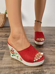 Chaussures confortables, sandales à plateforme avec talon compensé épais pour femmes, nouvelles sandales d'été sexy polyvalentes à bout ouvert avec broderie, sandales à enfiler polyvalentes à semelle souple antidérapante pour l'extérieur