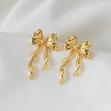 1 par de brincos com laço de fita dourada, adequados para uso diário, festivais e festas, acessório de moda feminina