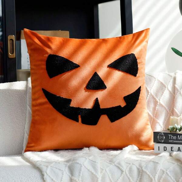 1pc Halloween Decor Pumpkin Embroidered Pillowcase 45x45cm Orange Velvet Cushion Cover For Sofa Bed Halloween Party Decor, No Insert Home Decor Room Decor Pillow Case Pillow Cases Cushion Covers