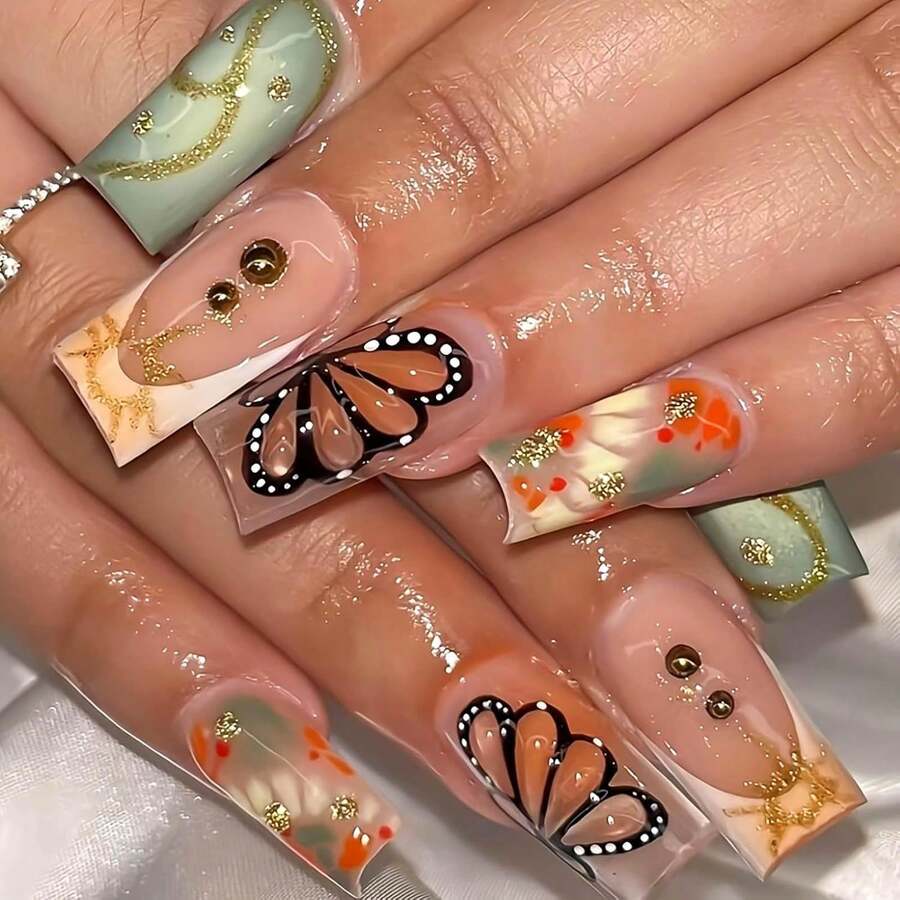 Long Square Press On Nails French Tip Fake Nails Gold Glitter False Nails With 3D Butterfly Designs Long Glue On Nails Sparkly Artificial Nails Cute Stick On Nails For Women 24Pcs - 長款-C5C43 - 查看 1