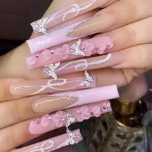 Pink French Tip Press On Nails Long Coffin Fake Nails Acrylic False Nails With 3D Silver Butterfly Designs Glitter Nail Press Ons Glossy Artificial Nails Summer Stick On Nails For Women 24Pcs - 長款-C5C8 - 查看 1