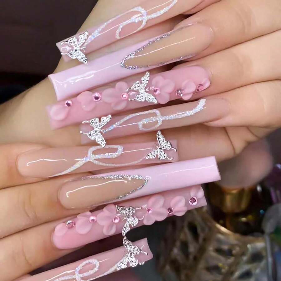 Pink French Tip Press On Nails Long Coffin Fake Nails Acrylic False Nails With 3D Silver Butterfly Designs Glitter Nail Press Ons Glossy Artificial Nails Summer Stick On Nails For Women 24Pcs - 長款-C5C8 - 查看 1