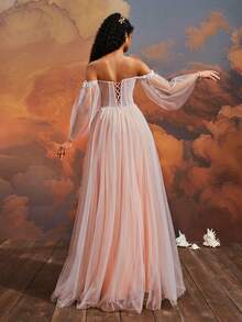 Elisanya Elegant Blush Pink Off-Shoulder Long Tulle Gown, 3D Floral Applique High Slit Evening Dress, Women Formal Dreamy Princess Prom Gown, Glamorous Party Dress Wedding Guest Dress - Baby Pink - View 3