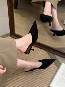 Fall/Winter 2025 Heel French Style Mule Sandals For Women, Pointed Toe High Heel Slip-On Backless Sandals, Summer 2025 New Arrival Elegant Slippers,Elegant,Party,Kitten Heels - Black - View 5