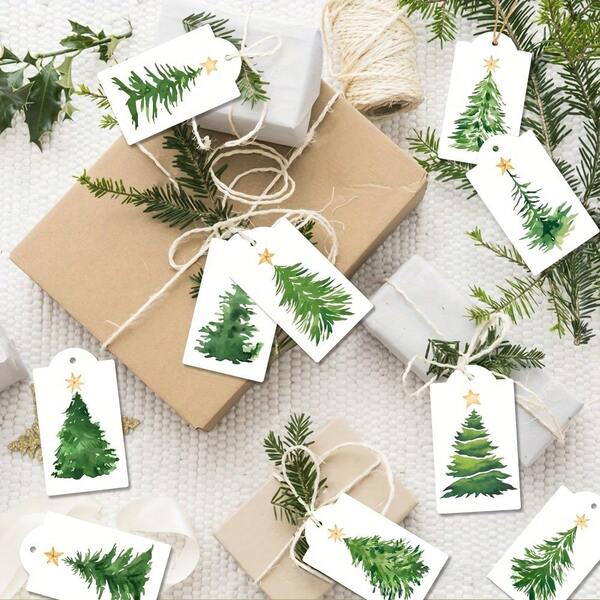 10/30/60pcs Christmas Watercolor Pine Tree Gift Tags With Golden Stars - Festive Holiday Hang Tags For Wrapping And Box Decoration, Rustic Gift Wrapping|Artistic Gift Tags|Natural Twine Tags Christmas Pajamas Gifts Christmas Decor