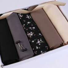 5pcs/Set Solid Color & Digital Print Chiffon Pleated Scarf Hijab, Simple Fashion Muslim Women's Plain Shawl Turban (Packaged In OPP Bag + Zipper Bag) For Dress - 6#4 Plain 1 Flower Black Series số 1 - Xem 13