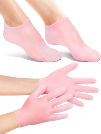 2 pares de guantes y calcetines de silicona hidratantes, calcetines de spa antideslizantes y suaves con gel, para suavizar los pies con piel seca y agrietada, calcetines de spa para pedicura de mujer para el cuidado de los pies después de la pedicura (rosa)