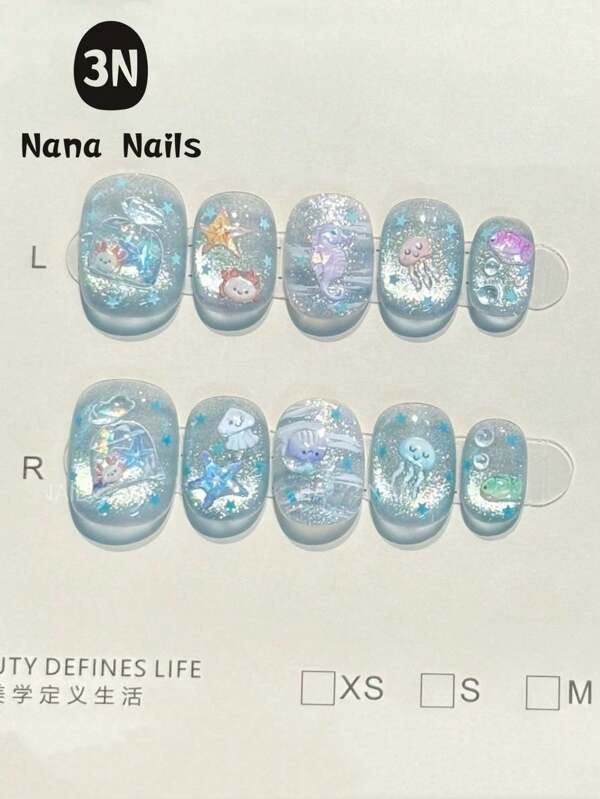 10Pcs Beach Essential Blue Cat Eye Press-On Nails Short Shape– Shimmering Little Fish & Starfish Design, Nails With Ocean Glow Press-On Nails: Blue Cat Eye Shimmer With Starfish & Jellyfish Designs (XS/S/M/L)