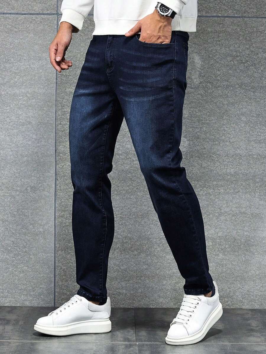 1 pantalón vaquero recto azul para hombre, estilo urbano, cómodo, informal, desgastado, ideal como regalo para marido o novio. - Azul Marino - Ver 1