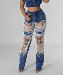 Women's Summer Pants Ripped Heavy-Duty Beaded Stretch Jeans - Màu xanh lam - Xem 3