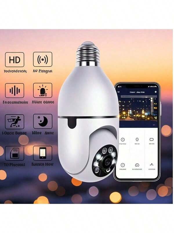 1 pieza Bombilla de cámara innovadora, hecha de material ABS, con monitoreo panorámico de 360°, visión nocturna a todo color ultra clara, alarma de detección, detección de movimiento, intercomunicador bidireccional y monitoreo remoto de 1080P a 2.4GHz para interiores/exteriores a través de teléfono móvil. Es una cámara de seguridad adecuada para monitorear a personas mayores, bebés y mascotas en el hogar, y es perfecta como regalo de Navidad, aniversario o día de la familia.