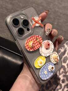 Cute Funny Epoxy Dinner Plate Food Glitter Clear Phone Case Compatible With IPhone 16 15 14 13 Pro Max Lovely Creative Sequins Glitter Back Gift - Clear - View 5