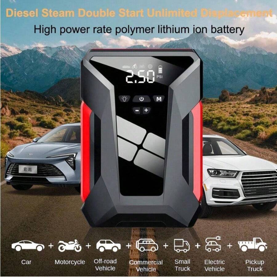 Una bomba de aire inalámbrica multifuncional portátil, con encendido de automóvil, iluminación de emergencia, pantalla digital precisa, parada automática, bomba de aire para automóvil, inflador de neumáticos de juguetes inflables