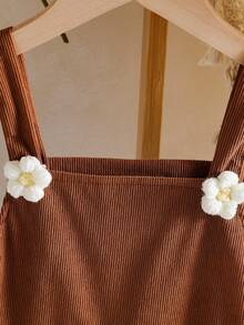 Girls Round Neck Solid Color Long Sleeve Top + 3D Knitted Flower Corduroy Suspender Skirt Casual Outfit, Spring/Autumn - Brown - View 8