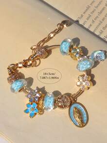 1pc Religious Virgin Mary Charm Bracelet, 1pc Religious Crescent Moon Bracelet, 1pc Fashionable Blue Sakura DIY Bracelet, 1pc Fashionable Heart Tree Of Life Bracelet - Gold - View 11