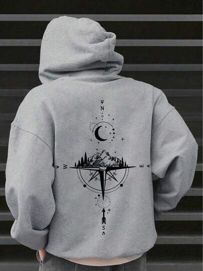 Teen Boys Letter Compass Pattern Casual Gray Hooded Sweatshirt. Suitable For Spring And Autumn Seasons.