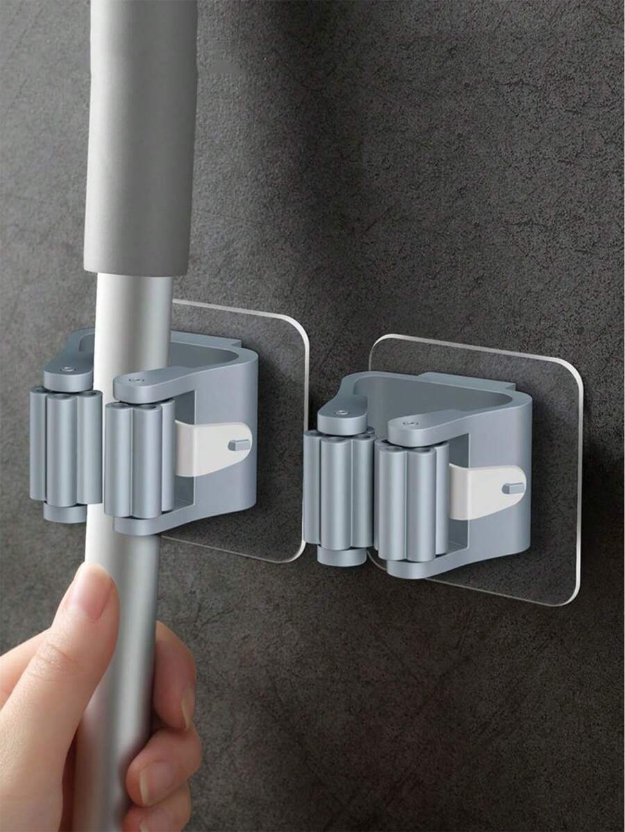 4pcs No Drill Mop Holder, Hooks, Bathroom Mop Hooks, Multipurpose Adhesive Hooks, Broom Hanger Clips, Kitchen, Bathroom Back To School Accessories - Grey - View 1