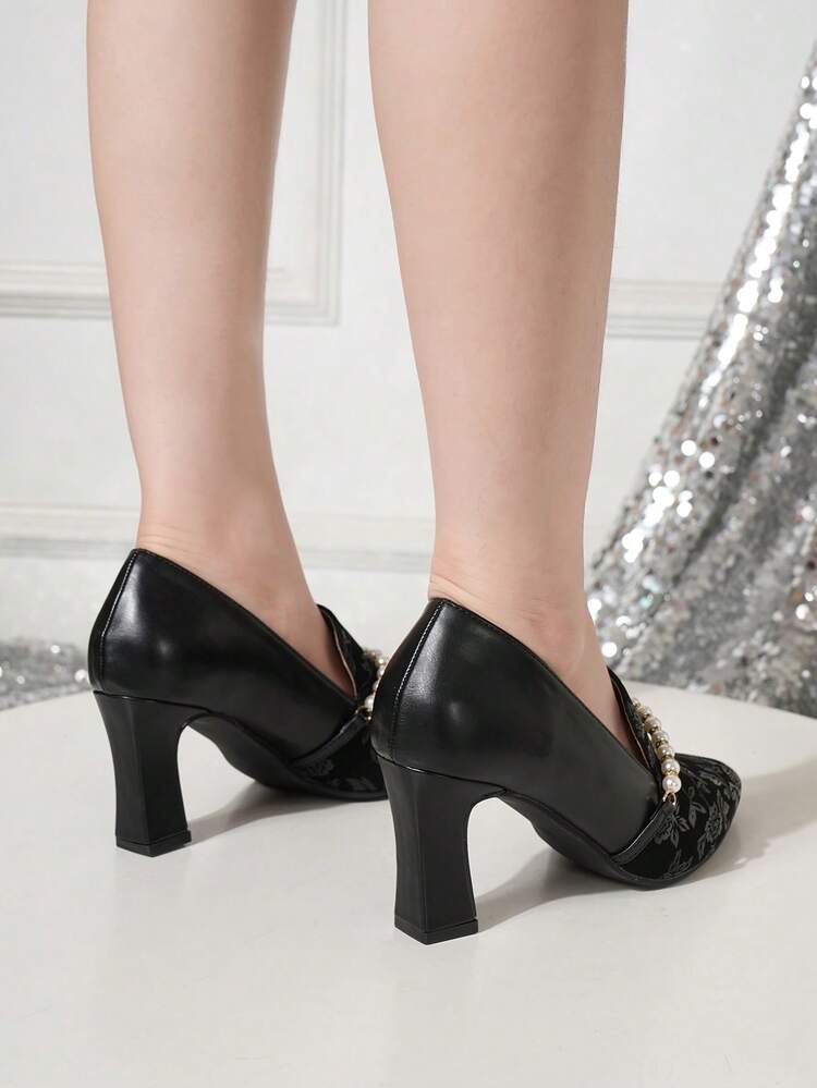 百搭时尚女鞋，尖头粗跟拼色高跟鞋，适合女士 - 黑色 - 查看 6