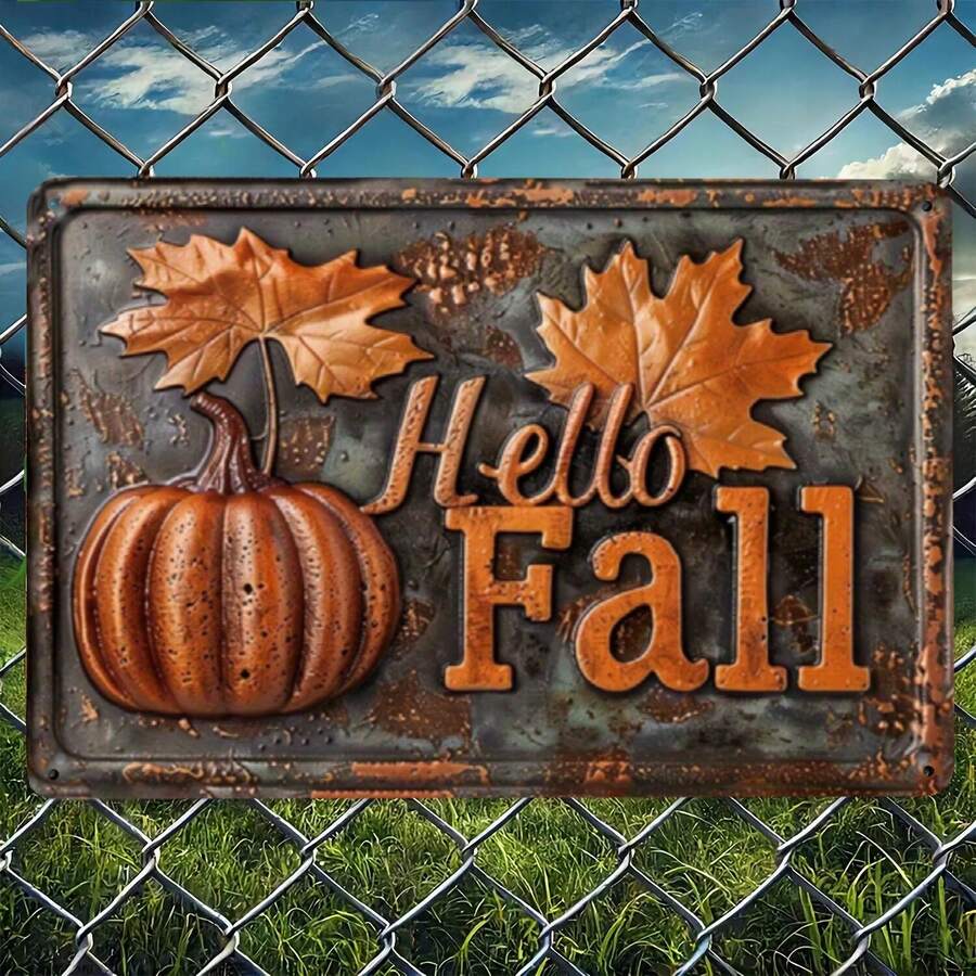 Rustic Hello Fall Metal Sign  Embossed Pumpkin Maple Leaf Wall Decor  Autumn Farmhouse Kitchen Art  Vintage Fall Harvest Greetings Plaque  Thanksgiving Home Decor Metal Wall Art