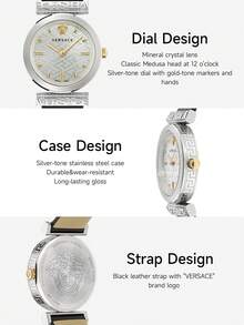 Versace Black Leather Strap Wrist Quartz Watch For Women With Silver -Tone Stainless Steel Case Watch Ladies' Elegant Gift Analog Watch,VE6J00123 - Black - View 3