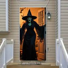 1pc Halloween Door Curtain Banner, Evil Red-Eyed Open Mouth Witch Design 2D Banner, Spooky Halloween Decor, Suitable For Home Decor, Doorway, Patio And Garden, Durable Polyester Material, Halloween Decoration