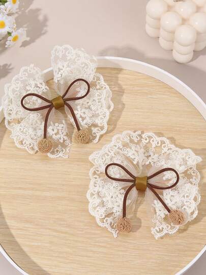 2pcs Khaki Lace Bow Hair Clips, Suitable For Girls, Elegant For Wedding Party, Casual Daily Wear, Baby Hair Accessories, Autumn/Winter