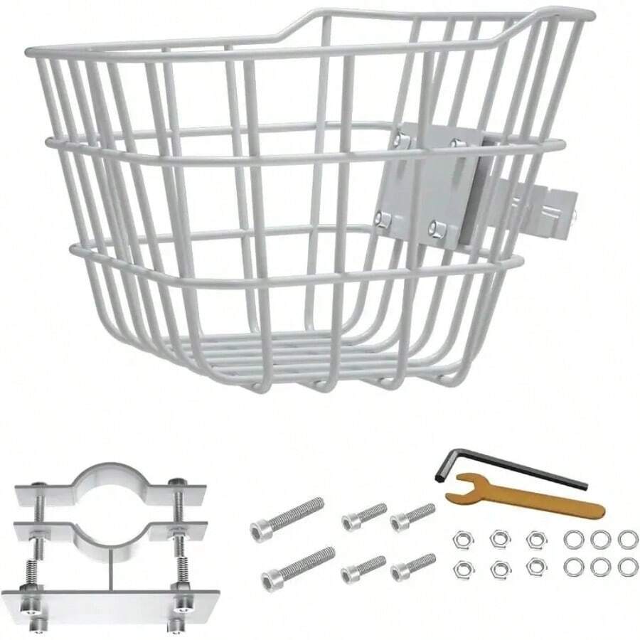 Sturdy Steel Front Bicycle Basket With Fixed Bracket, Anti-Rust Design, Suitable For Installation At The Front Of Electric Bicycles, Compatible With Most Children's And Adult Bicycles On The Market - White - View 1