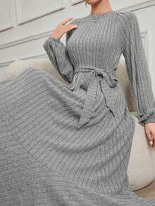 Đầm dệt kim dài tay phồng, cổ tròn, thắt eo, viền bèo nhún dành cho nữ cỡ lớn, thanh lịch cho mặc hàng ngày, mùa xuân/thu, thích hợp cho lễ Eid, các buổi họp mặt năm mới và đi làm/đi chơi thường ngày. - Xám - Xem 7