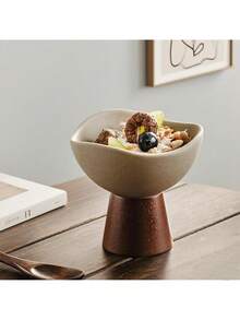 1 كوب آيس كريم سيراميك سميك ذو قاعدة خشبية عالية بطراز رجعي، وعاء حلوى عالي الجودة مناسب للزبادي والشوفان والمشروبات الحليبية والفواكه، مناسب للمنزل والمطعم والتجمعات الخارجية وحفلات عيد الميلاد والمناسبات