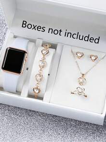 Conjunto de 6 peças feminino, elegante e moderno, com relógio eletrônico quadrado com display LED digital. Acompanha pulseiras, colares, anéis e brincos. Ideal para o dia a dia feminino, como encontros e viagens. Perfeito para presentear amigas em aniversários, volta às aulas, formaturas e Natal. Um presente ideal para mulheres.